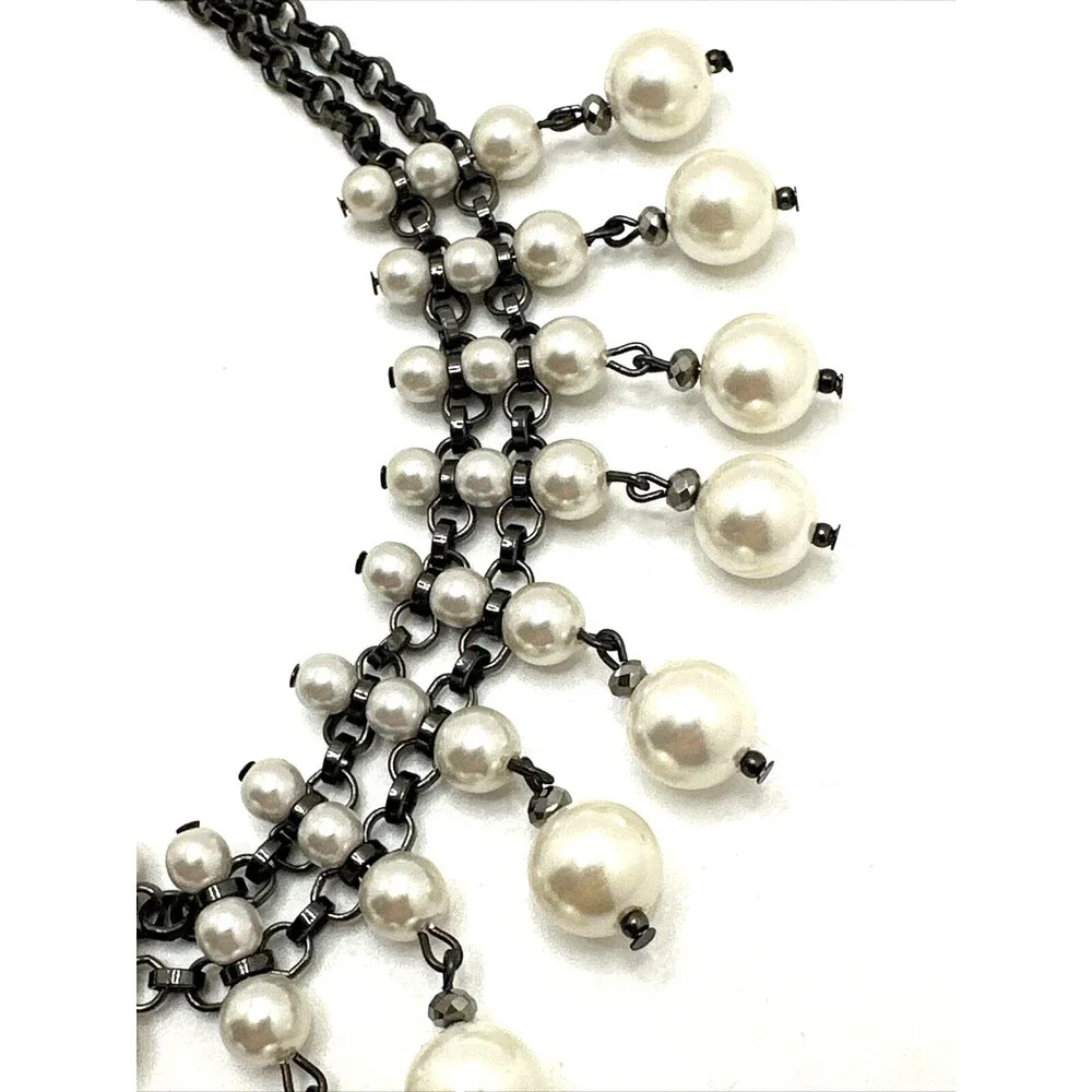 Vintage Faux Pearl Dangle Collar Necklace Black Chain Tribal Choker 14